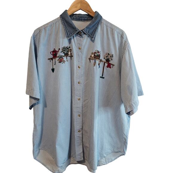 Vintage Cat Blouse Women 3X Blue Floral Denim Collar Plants Cottage Preppy Retro - Picture 1 of 9